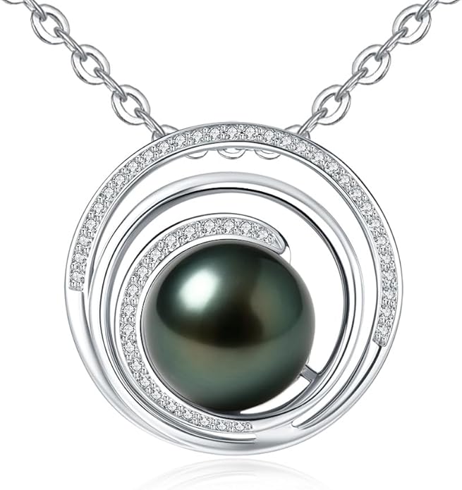 Genuine Tahitian Black Pearl Necklace for Women, 9-13mm AAAA Seawater Pearl - Sterling Silver Moissanite Pendant, Wedding Anniversary, Birthday, Christmas Gift for Wife, Mom, Girlfriend, Fine Jewelry