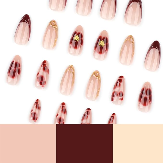 24pcs French Tip Press on Nails Medium Almond Fake Nail Brown French Nails Petals and Flowers Design Short Almond Nail Art False Nail Stick on Acrylic Nails for Women Daily Wear