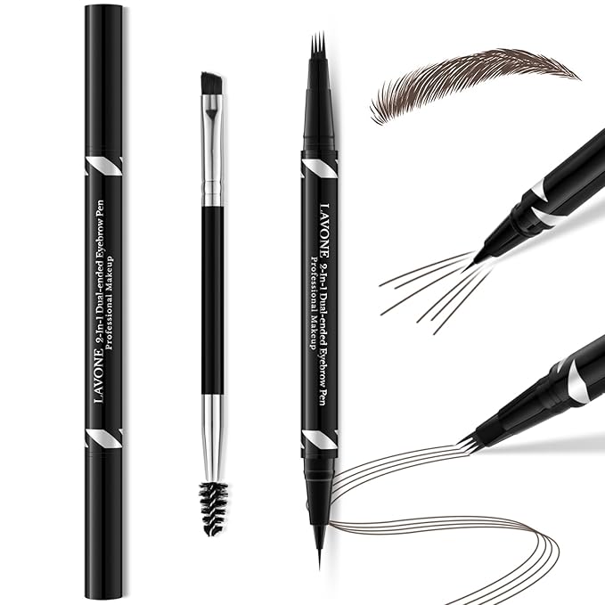 LAVONE Eyebrow Pen,2-IN-1 Dual-ended Waterproof Eyebrow Pencil,with 4 Tip Microblading Eyebrow Pen and Ultra-Precise Brow Pencil,Dual-ended Eyebrow Brush, for Natural Looking - Medium Brown