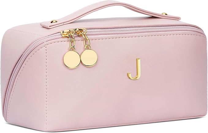 Gifts for Women Bridesmaid Gifts Personalized Initial Makeup Bag PU Leather Cosmetic Waterproof Travel Toiletry Bag (Large)