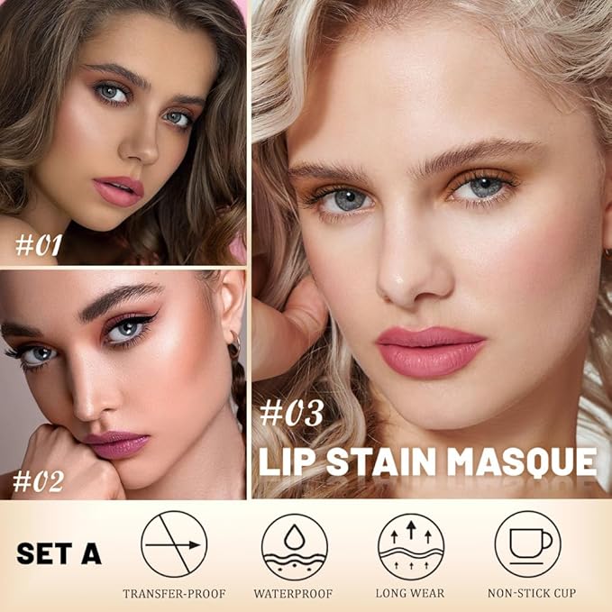 evpct 3Pcs Peel Off Lip Stain Tints with Tweezer, Liquid Lipstick Lip Stain Gloss Long Lasting Waterproof for Women, Non-stick Cup Lipstick Peel Off Highly Pigmented 24 Hrs Original Lips Stains, Set01