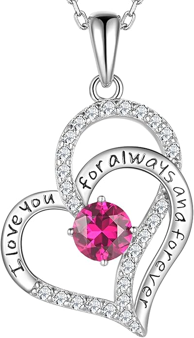LynChoe Birthday Gifts Double Heart Birthstone Necklace for Women, S925 Sterling Silver Pendant Necklace Jewelry for Her Mother Mom Wife Girlfriend