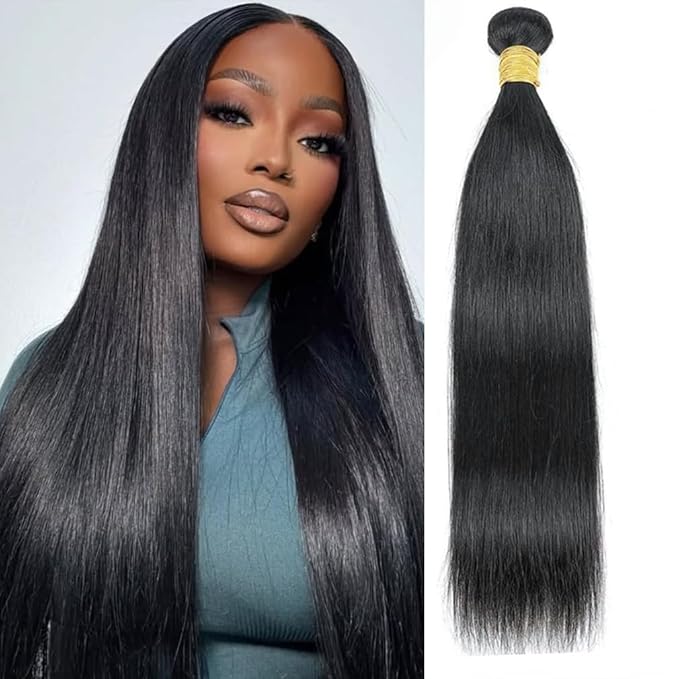 Brazilian Straight Human Hair Bundles Sew In Hair Extensions, Straight Quick Weave 1 Bundles Deals Human Hair 16 Inch Double Weft Full and Thick Black Color