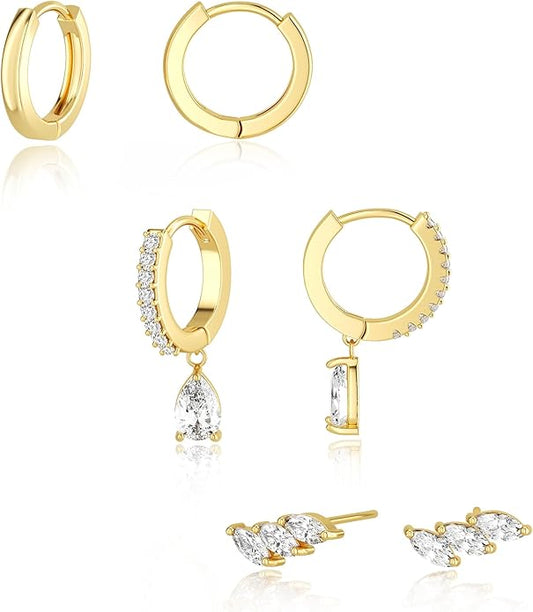 Freekiss 3 Pairs Gold Hoop Earrings Set: Dainty Stud Earrings Trendy Small 14K Gold Plated Hypoallergenic Dangle Cartilage Huggie Hoop Earrings for Women Gold Jewelry for Women Gifts