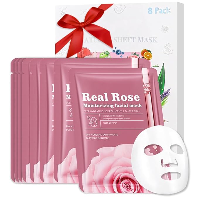 CAKAILA 8 Pack Rose Face Mask,Pink Face Masks Skincare Spa Day Kit Supplies,Spa Party Favors for Women,Sheet Facial Mask Skincare Gifts Set,Moisturize Soothe for All Skin Types