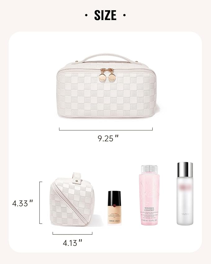 EACHY Travel Makeup Bag, Large Capacity Cosmetic Bag for Women, Waterproof PU Leather, Flat Open Portable Toiletry Bag for Skincare, Brushes & Travel Essentials