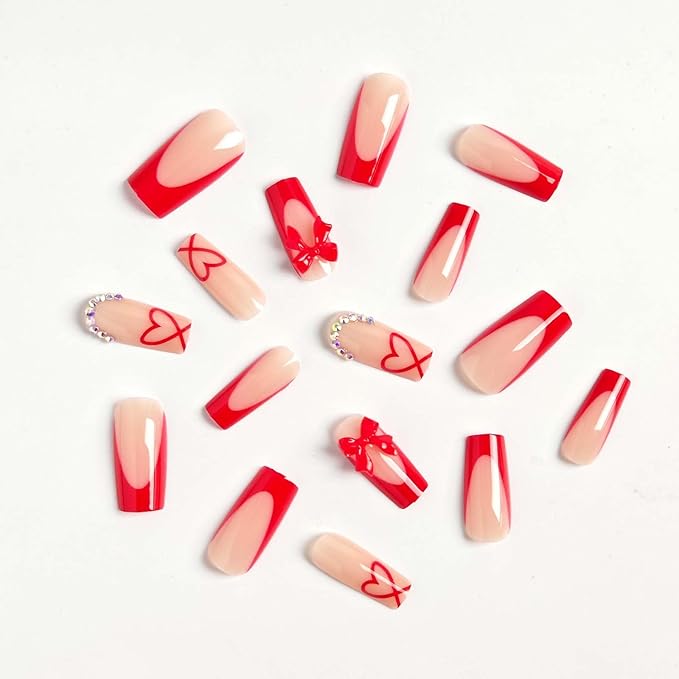 Medium Press on Nails Coffin - Red French Tip Fake Nails with Bow Heart Design - Glossy Full Cover Stick on False Nails with Rhinestone for Women Manicure 24 Pcs