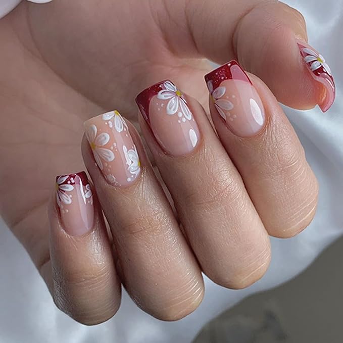 XZMeiLun Red French Tip Press On Nails Spring Summer Acrylic Nails for Women - White Flower Designer Fake Nails Short Square 24Pcs, Outing/Party Reusable Glue On Stick On Nail Gift For Women