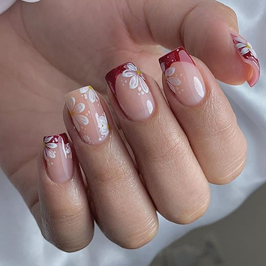 XZMeiLun Red French Tip Press On Nails Spring Summer Acrylic Nails for Women - White Flower Designer Fake Nails Short Square 24Pcs, Outing/Party Reusable Glue On Stick On Nail Gift For Women