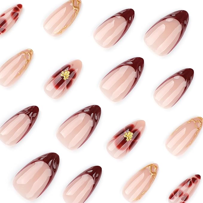 24pcs French Tip Press on Nails Medium Almond Fake Nail Brown French Nails Petals and Flowers Design Short Almond Nail Art False Nail Stick on Acrylic Nails for Women Daily Wear
