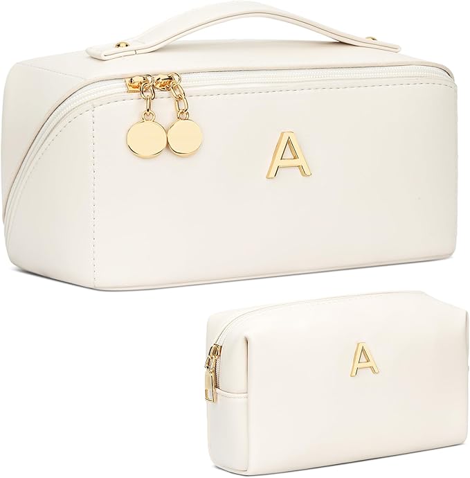Valentines Day Gifts for Women Teen Girl, Personalized Initial Makeup Organizer Bag Set, Open Flat Travel Cosmetic Bag With Clear Divider and Handle(Large-Beige,A)
