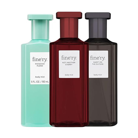 Fine’ry Mist & Match Body Mist Trio Gift Set | Not Another Cherry, Pistachio Please, Sweet On the Outside | Sweet & Fruity Hair & Body Spray Fragrances for Women | Vegan & Cruelty-Free (5 oz each)