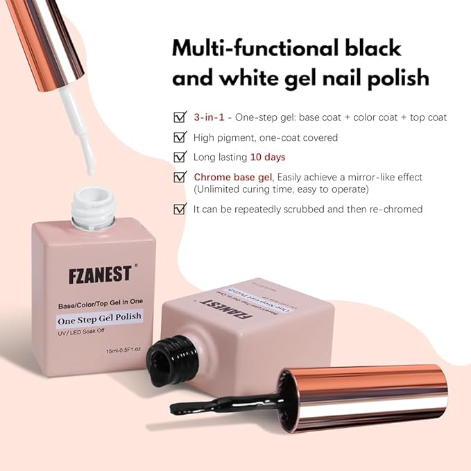 FZANEST Black and White Gel Nail Polish, No Wipe Base Top Coat Color 3 in 1 One Step Gel Polish Chrome Nail Powder Soak Off LED UV Nail Art Starter Manicure