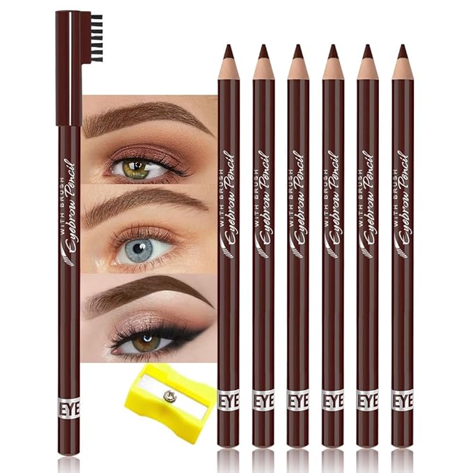 Eyebrow Pencils for Women with Sharpener, 6Pcs Hard-Core Wooden Eye Brow Eye Liner Pencils for Beginner Makeup, Waterproof & Sweat-Proof (6Pcs-Brown)