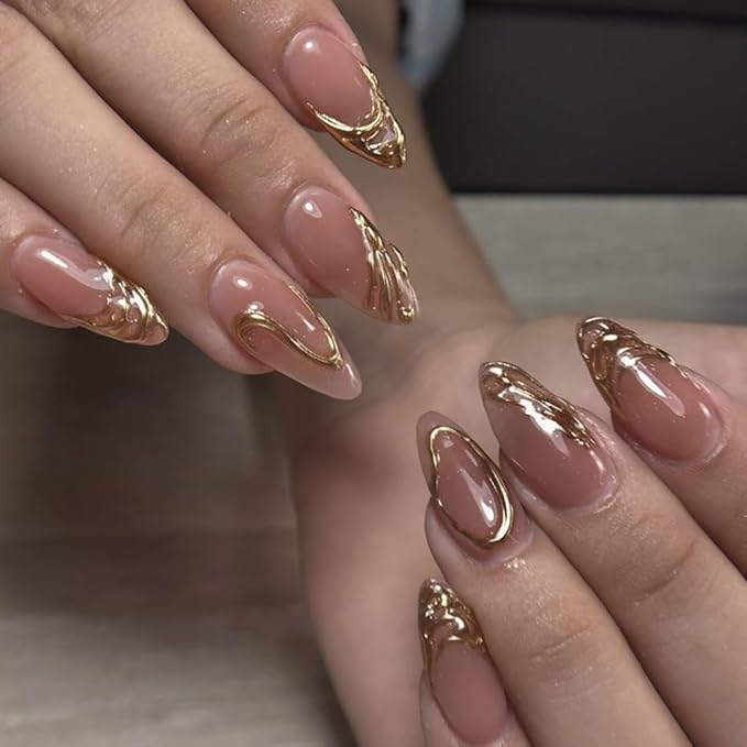 XZMeiLun Medium Almond Press on Nails - Pink Glossy Fake Nails with 3D Gold Line Design, Acrylic Nails with Stiletto Design, Reusable Full Cover Glue-On for Women, French Manicure False Nails - Gift