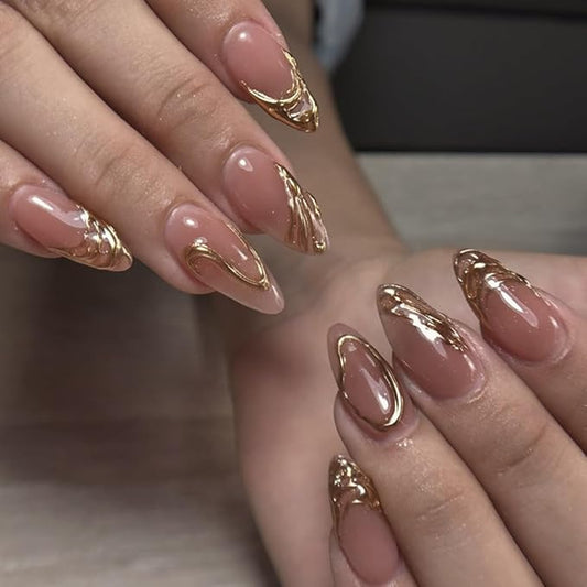 XZMeiLun Medium Almond Press on Nails - Pink Glossy Fake Nails with 3D Gold Line Design, Acrylic Nails with Stiletto Design, Reusable Full Cover Glue-On for Women, French Manicure False Nails - Gift