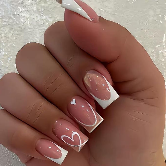 Square Press on Nails Medium - White French Tip with Heart Stripes Design - Glossy Full Cover Stick on False Nails - for Women 24 Pcs