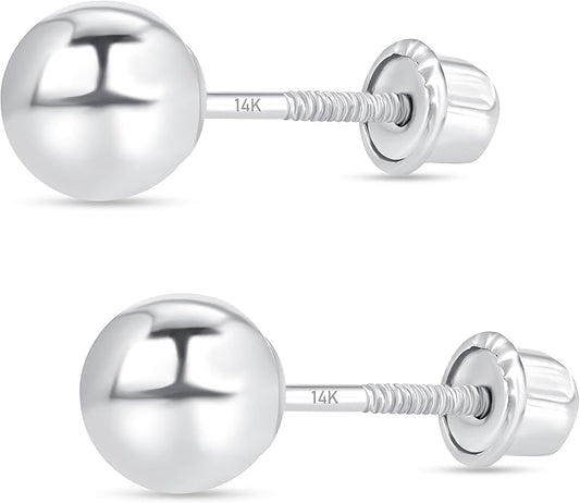 14k Real White Gold Ball Stud Earrings for Women & Men (2mm-8mm Diameter) - Real 14k Gold, Secure Screw Back Design