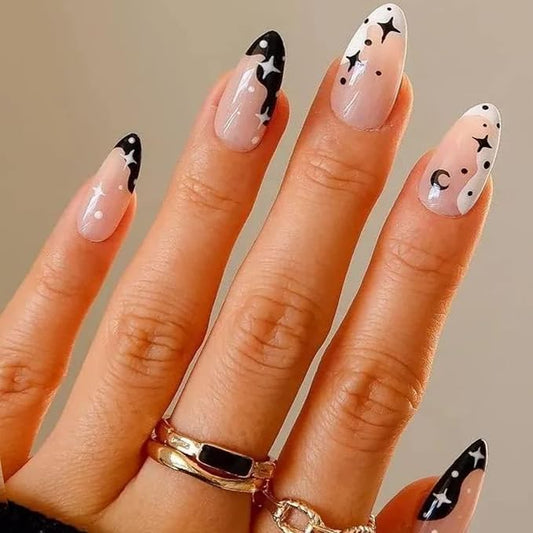 GLAMERMAID Black Press on Nails Medium Almond, Emo Crush Jelly Gel Gothic Stiletto False Glue on Nails Kit with Moon Star Desgin for Women, Reusable Short Oval Stick on Acrylic Fake Nail Manicure Set