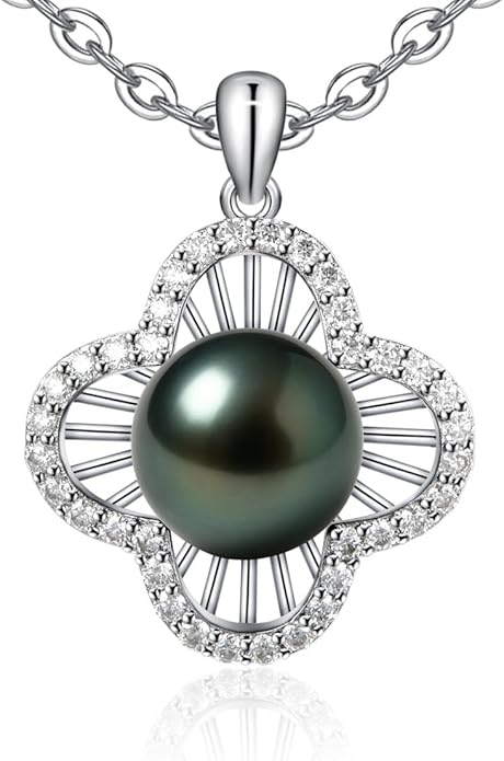 Genuine Tahitian Black Pearl Necklace for Women, 9-13mm AAAA Seawater Pearl - Sterling Silver Moissanite Pendant, Wedding Anniversary, Birthday, Christmas Gift for Wife, Mom, Girlfriend, Fine Jewelry