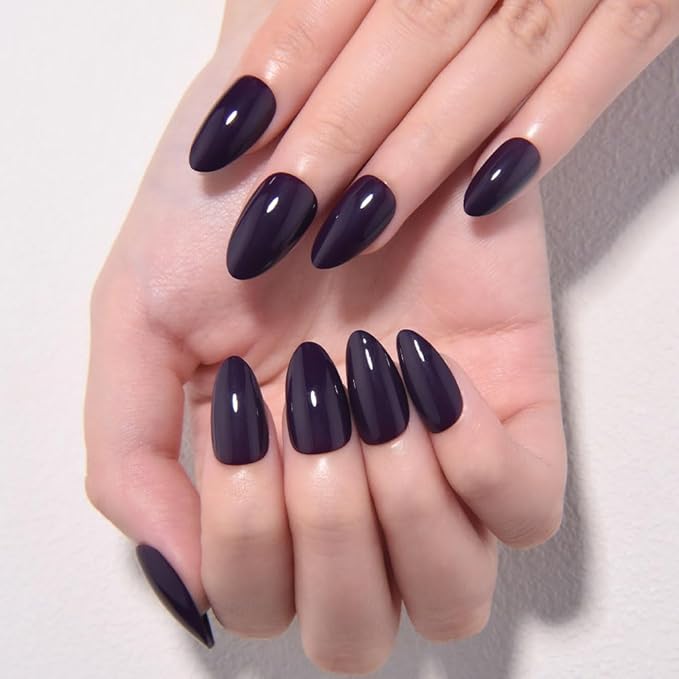 evpct Dark Purple Press on Nails Short Almond, Glossy Eggplant Purple Fake Nail for Women Gift with Kits, Salon Quality Soft Gel Stick on False Acrylic Nails Reusable Full Cover with Manicure Kit