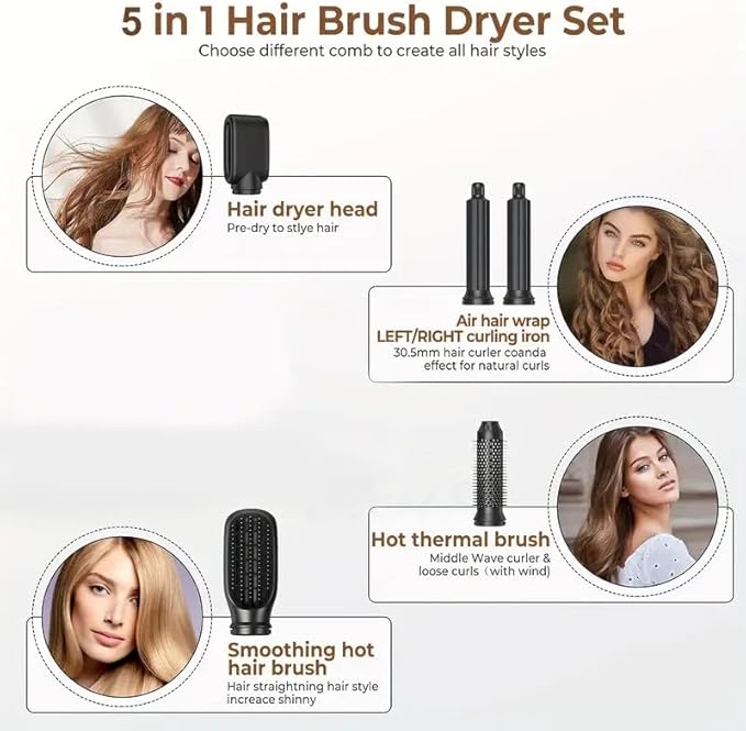 Atopskins 5 in 1 Hair Dryer Brush -Ionic Auto Wrap Curler & Straightener with 3 Heat Settings, Magic Hair Styler Salon-Grade Results for Women, Travel-Friendly Styler with ALCI Plug (A-Black)