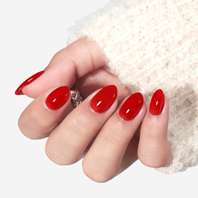 modelones Sheer Red Short Press on Nails, Semi-Transparent Oval Fake Nails Kit Press Ons with Nail Glue, Adhesive Tabs, Nail File, Prep Pad, Manicure Stick, 32Pcs 16 Sizes, Valentines