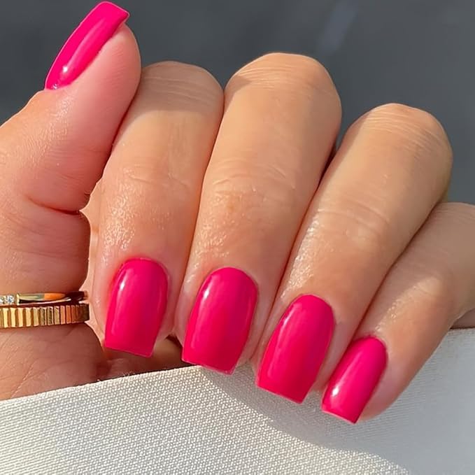 Gel Nail Polish Press on Nails Short, Handmade Hot Pink Fake Nails Medium Square Shape UV Jelly Finish Glue on Nails for Women Acrylic False Nail Kits Stick on nails Reusable Full Cover by GLAMERMAID,