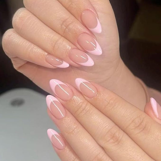 Modelones Pink French Tip Press on Nails Almond Valentine's Day, Short Almond Fake Nails, Nail Kit with Nail Glue Adhesive Tabs Mini Nail File, Nails Press Ons 32Pcs16 Sizes, Women Girl Gift