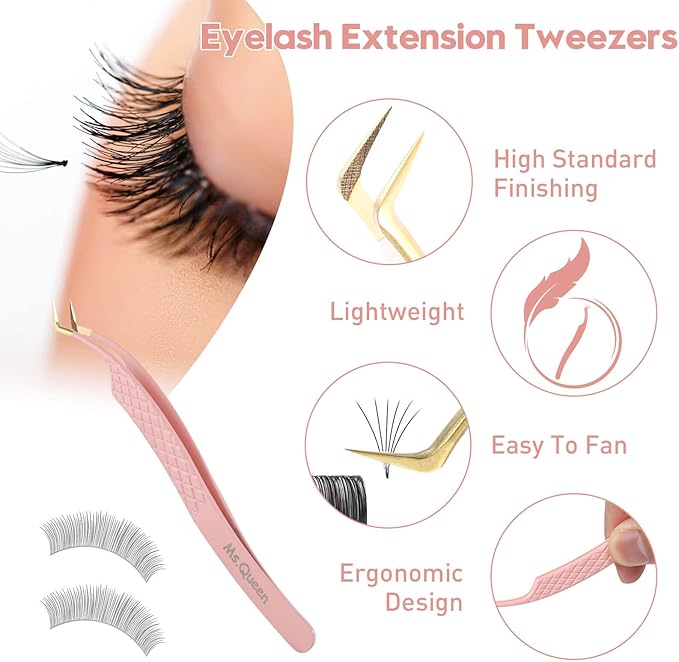 Ms.Queen Eyelash Extension Tweezers, Professional Fiber Tip Lash Tweezers Set of 5,Curved 45 90 Degree Volume Isolation Tweezers