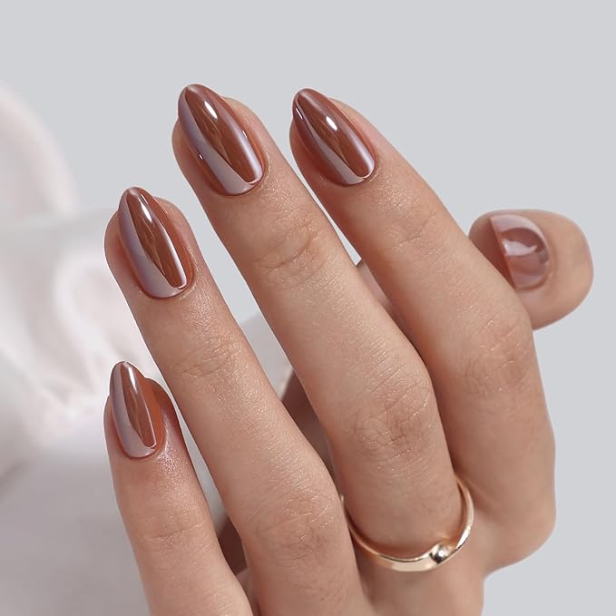 SHANGMENG Brown Press on Nails Short - Soft Gel Almond Chrome Press on Nails for Women, Glossy Glue on Nails with Glue, 16 Sizes - 32 Reusable Fake Nails Kit, Molten Mocha