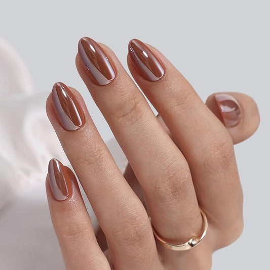 SHANGMENG Brown Press on Nails Short - Soft Gel Almond Chrome Press on Nails for Women, Glossy Glue on Nails with Glue, 16 Sizes - 32 Reusable Fake Nails Kit, Molten Mocha