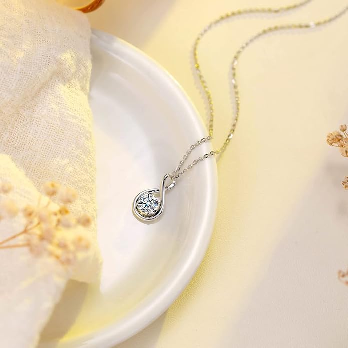 FANCIME 14K Solid Gold Birthstone Pendant with Sterling Silver Chain Infinity Gemstone Necklace Fine Jewelry Anniversary Birthday Christmas Gifts for Women Wife Her