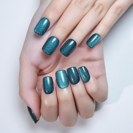evpct Peacock Blue Cat Eye Press on Nails Short Square, Short Square Stick on Nail for Women Gift, Sapphire Blue Metallic Glitter Reusable Gel Press on Acrylic Fake Nail with Cat Eye Designs