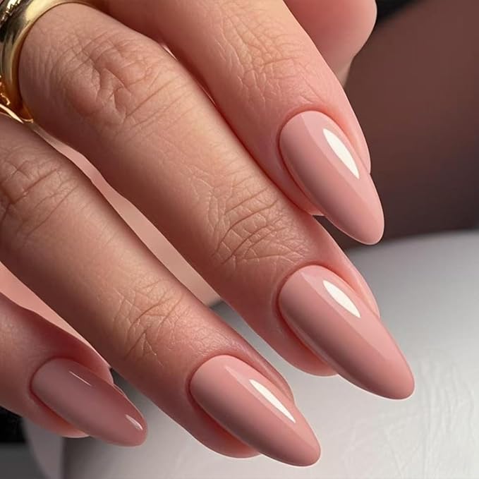 JONKASIPA Pink Pressed Gel Nails French Almond Shaped False Nails, Reusable Feminine Nail Art - Set of 24 Pcs Medium Nails