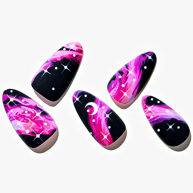 GLAMERMAID Black Press on Nails Medium Almond, Hot Pink Ombre Crush Nails, SGalaxy Star Design tiletto Fake Nails, Short Oval Stick Glue on Nails Tips for Women, Reusable Acrylic False Nail Kits