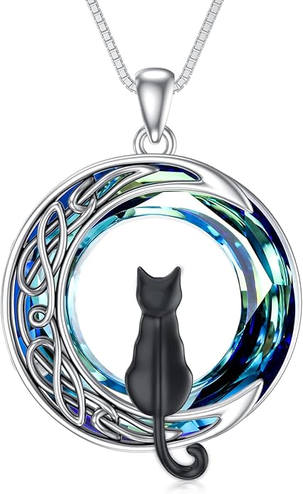 TOUPOP Cat Gifts for Cat Lovers One Two Three Four Cats Necklace Sterling Silver Cats on the Moon Pendant Necklace with Blue Circle Crystal Birthday Christmas Celtic Jewelry Gifts for Women