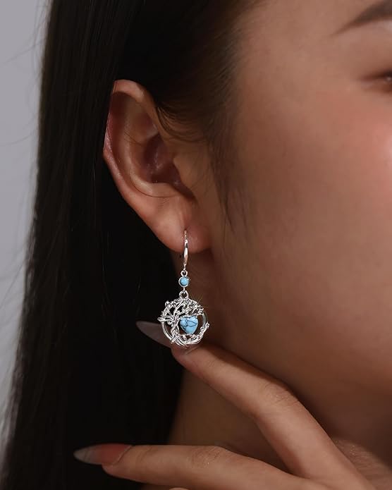 FANCIME Tree of Life Dangle Drop Earrings 925 Sterling Silver Dainty Round Gemstone Birthstone Earring Fine Jewelry Birthday Christmas Gifts for Her Women
