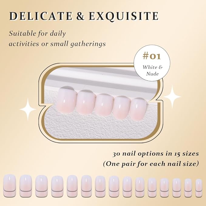 evpct Ombre White to Nude Press on Nails Extra Short, Petite Short Square Glossy Stick on Nails for Women Gift with Manicure Kit, Reusable Soft Gel Stick on Fake Nail with Ombre Designs Perfectly Fit