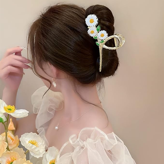 Large Metal Daisy Flower Hair Clips for Women - 2Pcs Sparkly Non-Slip Butterfly Jaw Clips for Strong Hold