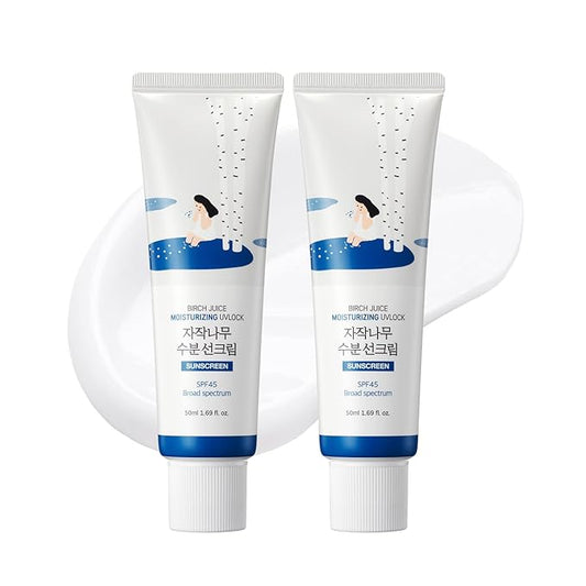 ROUND LAB Birch Juice Moisturizing UV LOCK SPF 45 1+1 (2-pack), Hydrating Lotion-like Lightweight Glow Sunscreen for Sensitive Skin, No White Cast, Fragrance-Free, Protector Solar, Korean Sunscreen