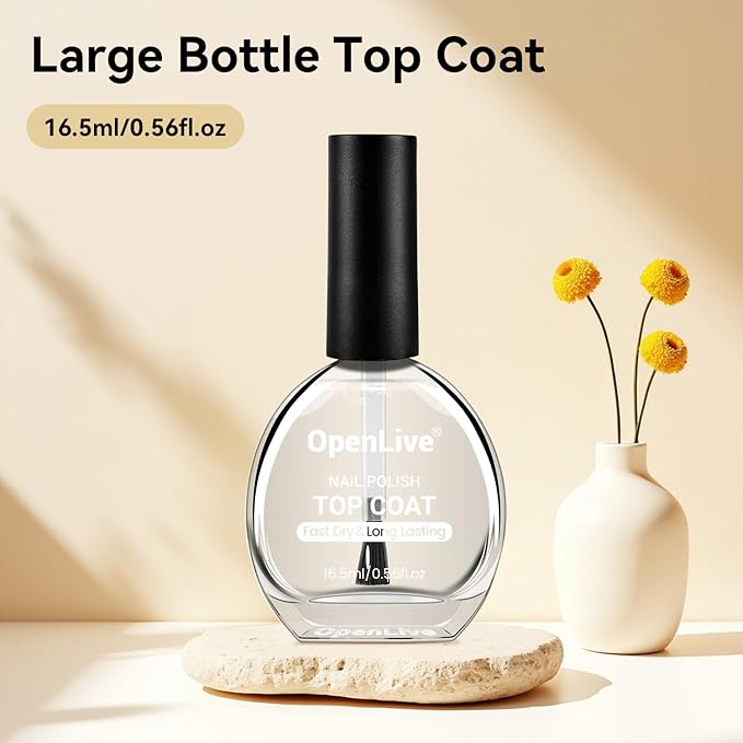 OpenLive 16.5ml Top Coat Clear Nail Polish, Quick Dry Nail Polish High Shine Long Lasting Glossy Fast Air Dry Top Coat for Nail Art Manicure Salon Quality | Clear, Glossy, Nail Art, Manicure