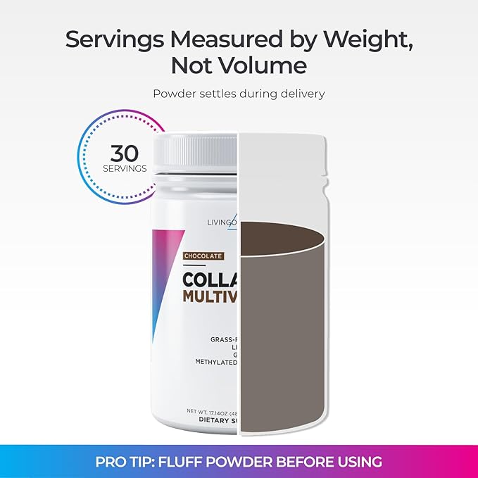 Livingood Daily Collagen Powder for Women & Men, Grass Fed Hydrolyzed Collagen Peptides, Protein & Multivitamins for Healthy Hair, Skin & Nails, Keto & Paleo, Gluten Free, Chocolate, 30 Servings