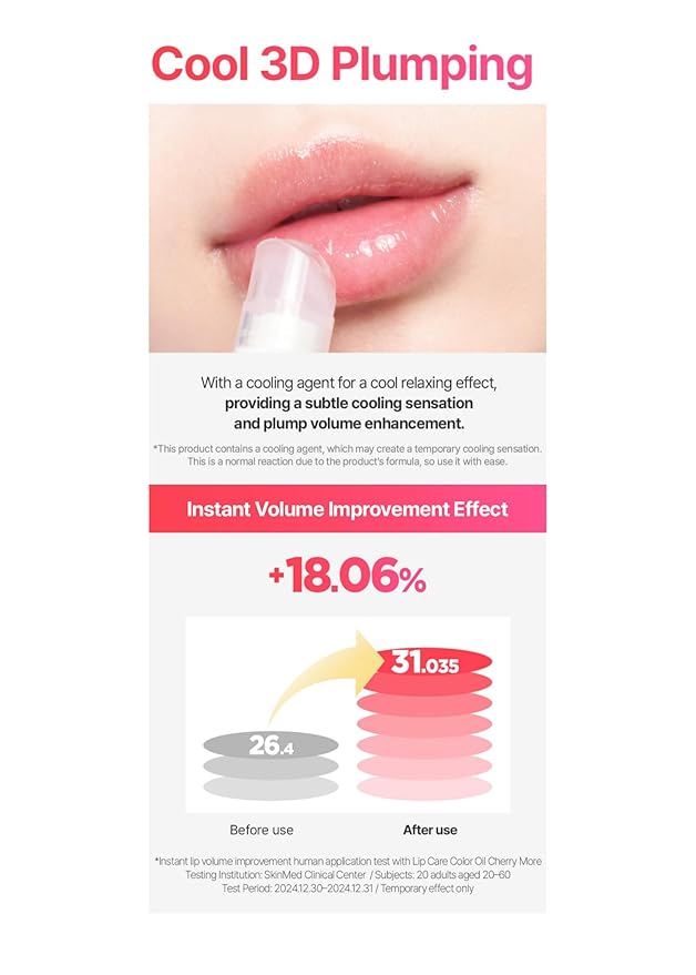 Lip Care Color Oil #Pink Soda 0.34 Fl Oz, Vegan Tinted Lip Oil with Jelly Massager for Dry Lips, Hydrating & Cooling Lip Treatment, Long-Lasting Glow & Volume, Korean Lip Oil, BeginS
