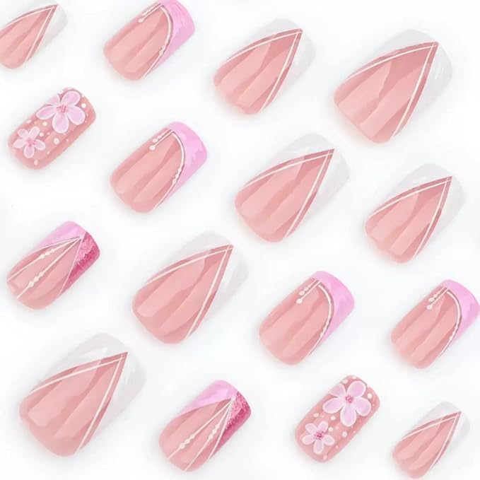 CTTHNBD Press on Nails Square - Short Fake Nails with Flower Design - French Tip, Pink False Nails - for Women 24 Pcs