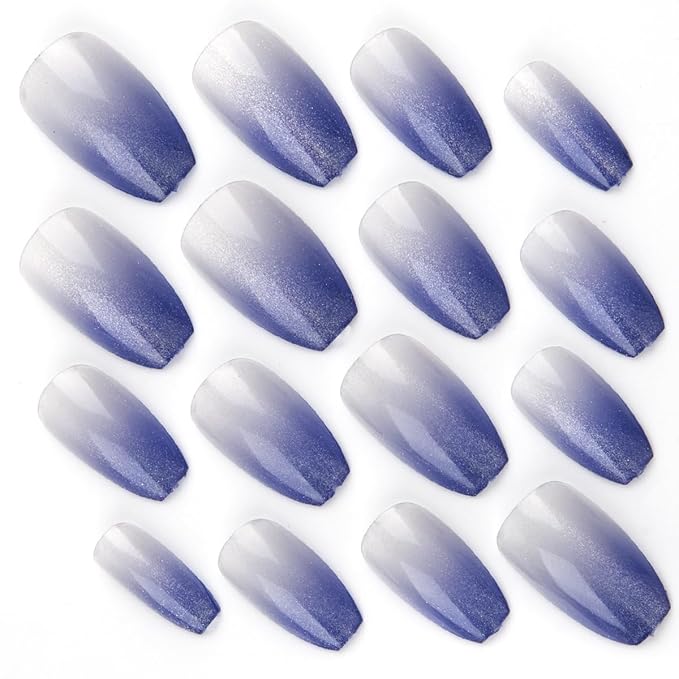 Coffin Press on Nails Medium - Blue Fake Nails with Ombre Glitter Deisgn - Gloosy Full Cover Stick on False Nails - for Women 24 Pcs