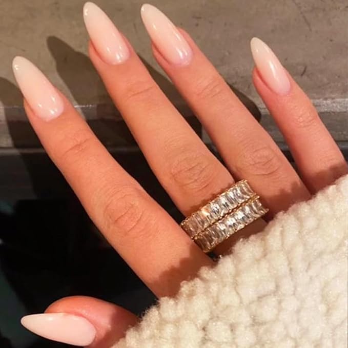 GLAMERMAID Press on Nails Medium Almond, Spring Summer Nude Gel Glue on Nail, Glossy Short Stiletto Reusable UV Finish Fake Nails Acrylic False Nails Manicure Kits for Women