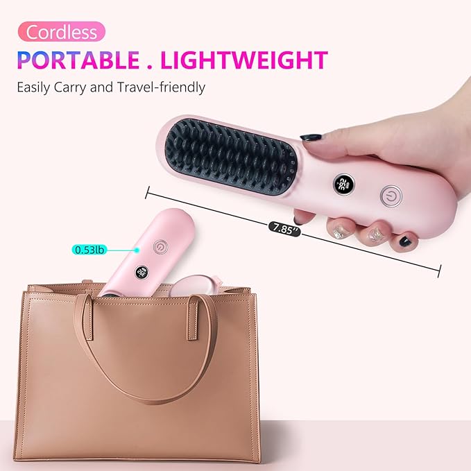 STUDLLY LCD Screen Cordless Hair Straightener Curler 2 in 1, Portable Mini Hair Straightening Brush for Travel Negative Ionic Fast Heating Hot Comb for Women, Folding Brush with Mirror, Pink