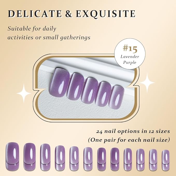 Lavender Purple Cat Eye Press on Nails Medium Square, Medium Square Press Stick on Nails Chrome for Women, Purple Holographic Glitter Glossy Reusable Gel Acrylic Fake Nail with Design Cateye Effect