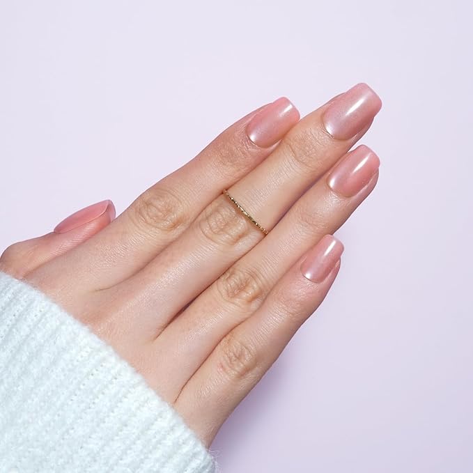 LAMIMOSA 32Pcs Peach Cat Eye Press On Nails Short Square – Soft Gel Fake Nails in 16 Sizes, Reusable Glue on Nail kit, Sparkling Rosè